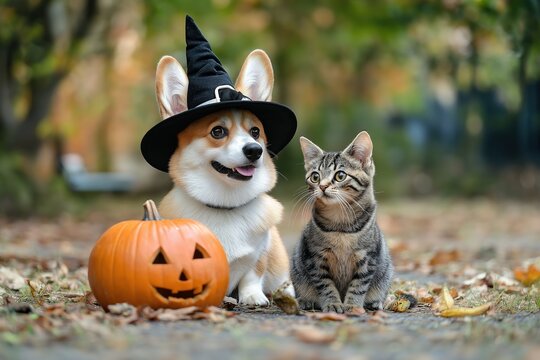 Dog in witch hat and cat by Jack O'Lantern on autumn leaves, Halloween, festive atmosphere concept - Powered by Adobe