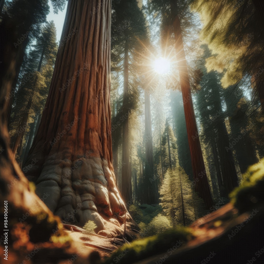 Poster close-up of a towering sequoia tree bathed in warm sunlight filtering through the dense forest canop