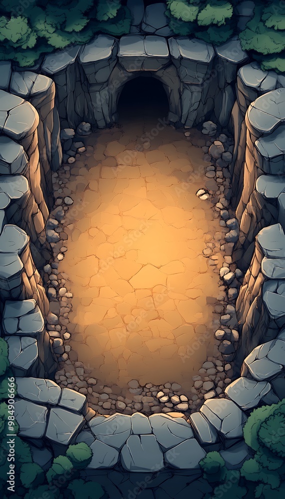 Poster top down view of a cave entrance with a large, empty space in the center. suitable for use as a vide
