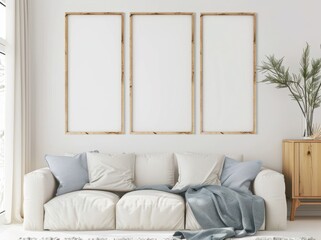 Modern minimalist living room interior with an empty picture frame mockup on a white wall, a comfy couch, and a wooden cabinet.