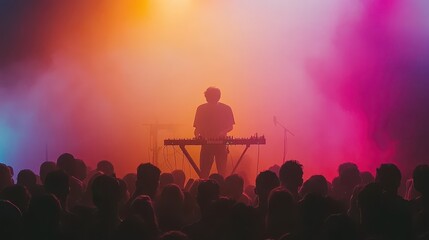 A musician performs on a synthesizer on stage, backlit by vibrant pink, orange, and purple lighting. Live music and concert atmosphere concept.