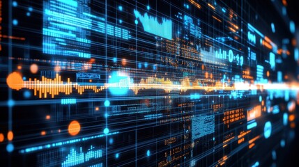 Fototapeta premium Futuristic digital interface with glowing blue and orange data streams, lines, and graphs, representing data analysis and technology. Concept: Advanced technology and information flow.