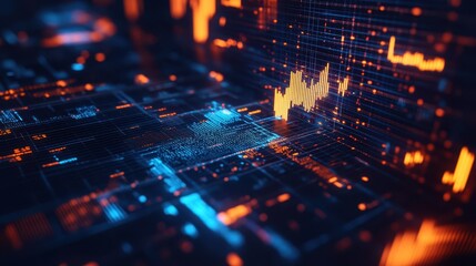Obraz premium Futuristic digital interface with glowing blue and orange data streams, lines, and graphs, representing data analysis and technology. Concept: Advanced technology and information flow.