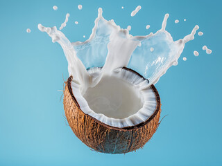 Coconut Half with Splash of Coconut Milk Against Blue Background