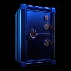 Blue metal safe with three locks and a round handle, isolated on black background.