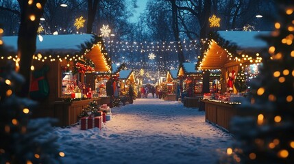 Holiday market stalls under festive lights, surrounded by Christmas trees and gifts, glowing warmly in the winter night.