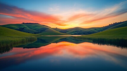 Fototapeta premium A beautiful sunset over a lake with mountains in the background. The sky is filled with vibrant colors, creating a serene and peaceful atmosphere. The reflection of the mountains.