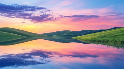 Obraz premium A beautiful sunset over a lake with mountains in the background. The sky is filled with vibrant colors, creating a serene and peaceful atmosphere. The reflection of the mountains.