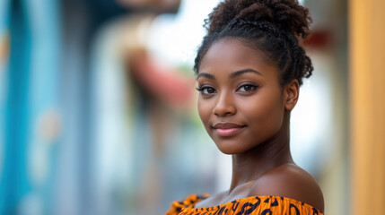 An outdoor portrait of a  beautiful smiling Haitian woman in three-quarter profile and wearing a shoulderless orange dress. Copy space.