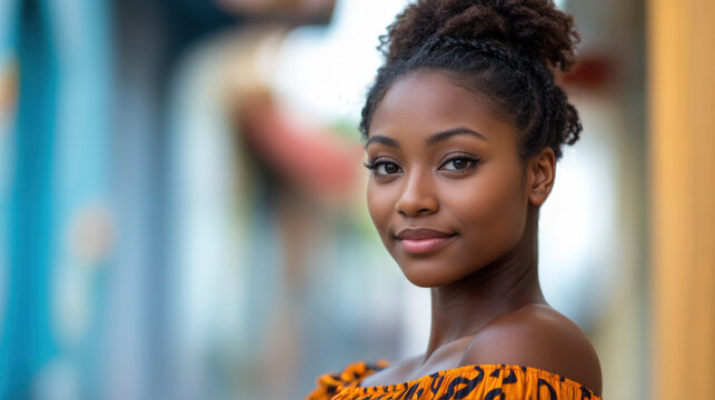 An outdoor portrait of a  beautiful smiling Haitian woman in three-quarter profile and wearing a shoulderless orange dress. Copy space.