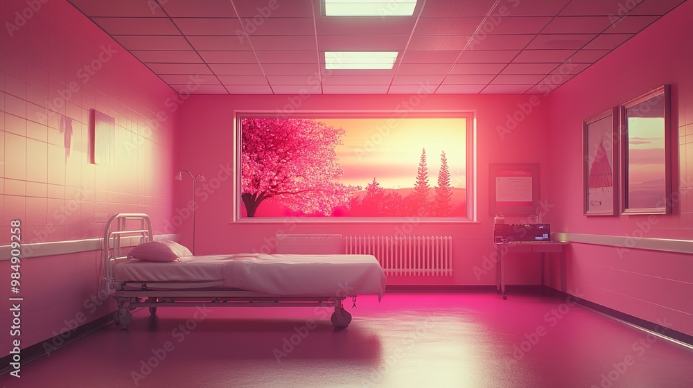 Canvas Prints pink hospital room with sunset view - minimalist interior design