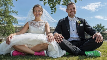 Joyful Wedding Couple in Formal Attire with Colorful Sneakers Outdoors