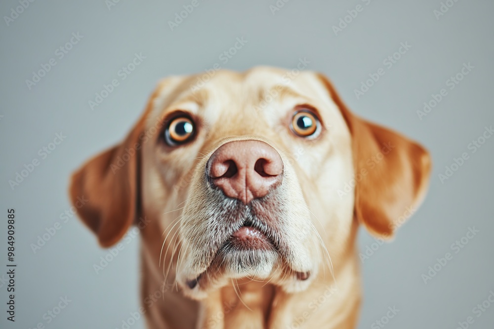 Wall mural labrador dog with shocked eyes on grey background