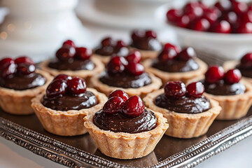 mini chocolate cherry tarts on elegant dessert tray,
