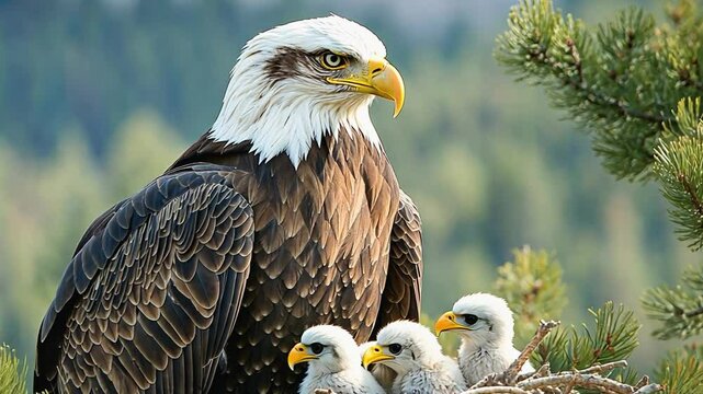 Adult bald eagle guarding young eaglets in nest