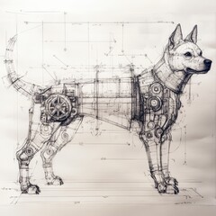 Naklejka premium A detailed pencil drawing of a robotic dog with intricate gears and mechanisms, rendered in a blueprint-style.
