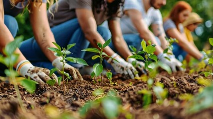 A group of dedicated volunteers is actively planting seedlings in a community garden, showcasing teamwork and a commitment to environmental sustainability.