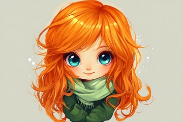 Obraz premium Cute anime girl with long orange hair and big blue eyes wearing a green scarf.