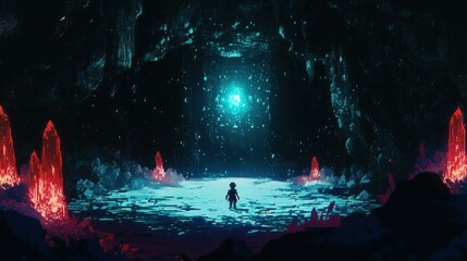 Obraz premium A Silhouette of a Person Standing in a Glitchy Digital Cave with a Bright Blue Light Source