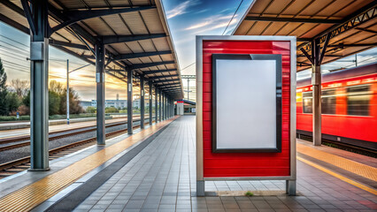 Blank poster in a frame mockup on a railway station, station, red trains