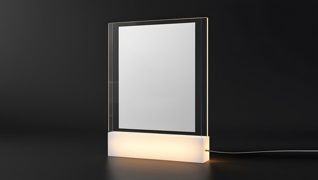 This 3D rendering showcases a blank white poster mockup in an illuminated glass holder, providing a clear transparent acrylic signage mockup with a glowing panel on a black background.