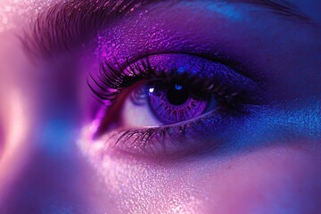 Macro photo of woman eye with beautiful violet eye makeup