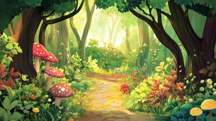 A Sunlit Forest Path with Red and Yellow Mushrooms