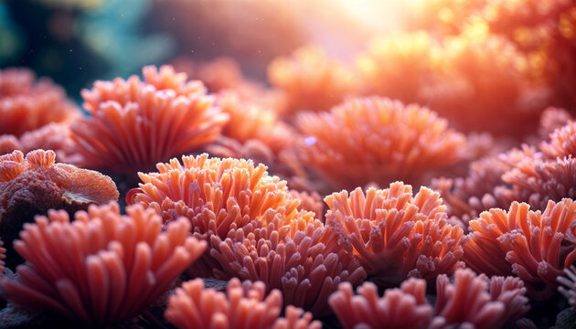 Coral reef. Sea fauna. Red coral close-up