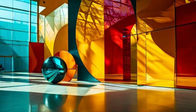 A vibrant abstract installation in a modern gallery features colorful geometric shapes and reflections. The bold and dynamic composition captures attention, making it an ideal piece for contemporary