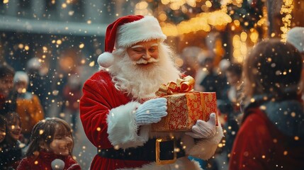 Santa Claus joyfully giving gifts to children, surrounded by a festive atmosphere.