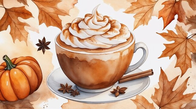 Autumnal watercolor illustration of a pumpkin spice latte topped with whipped cream and spices on a warm orange and brown background