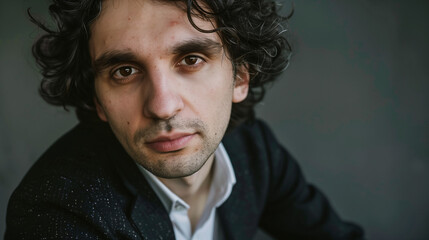 Fototapeta premium Portrait of a thoughtful young man with curly hair in formal attire