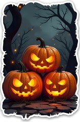 Three jack-o'-lanterns with glowing faces are stacked against a spooky, dark forest background. Twisted trees and floating embers enhance the eerie Halloween atmosphere. 