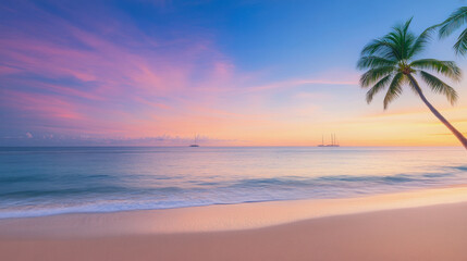 illustration of tropical beach with sailing ships in distance and palm trees in sunset light