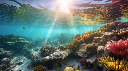 Fototapeta premium Underwater Paradise: Coral Reef with Sunbeams