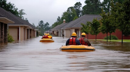 Fototapeta premium Rescue boats navigating through a flooded neighborhood, helping stranded residents escape their homes