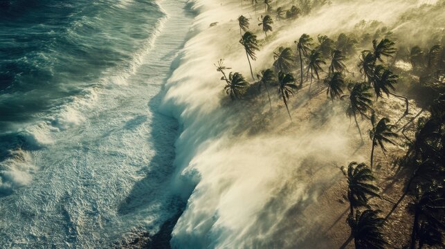 Aerial view of a hurricane making landfall, with powerful waves crashing into a coastline and winds tearing through trees