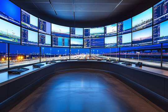 a smart highway control center, multiple screens monitoring traffic