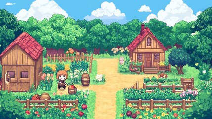 Fototapeta premium Pixel art illustration of a charming village with houses, gardens, and a female character.