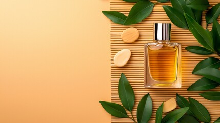 Elegant Perfume Bottle Surrounded by Green Leaves