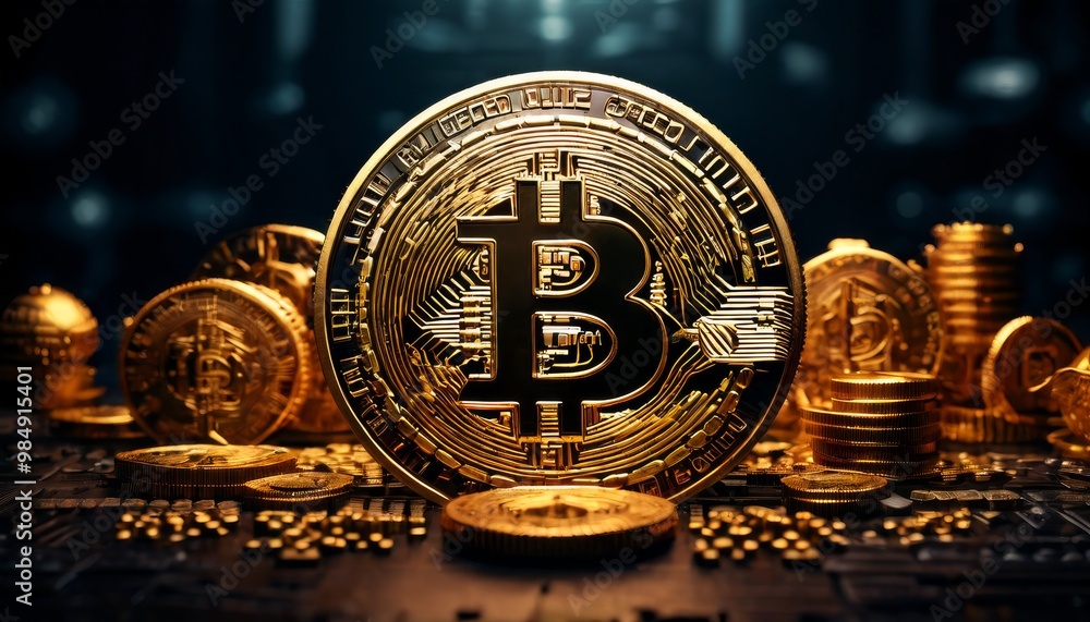 Poster bitcoin symbol amidst stacks of gold coins, emphasizing the value and stability of cryptocurrency in
