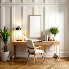 Frame mockup, vintage home office interior background, 3d render, white Mock up frame