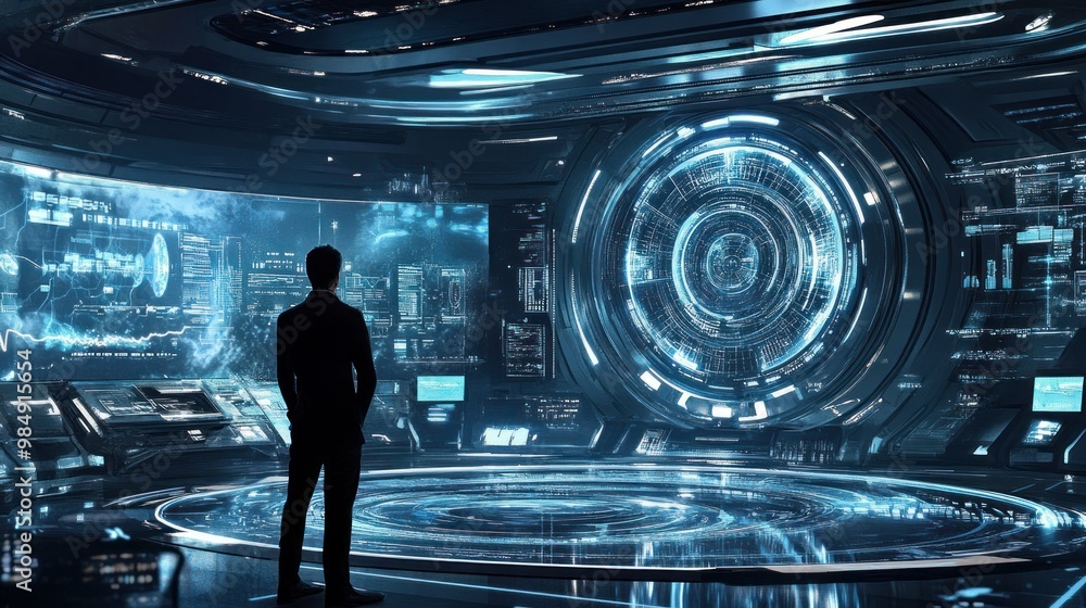 Poster a lone figure standing in a futuristic control room with glowing blue screens and a large circular i