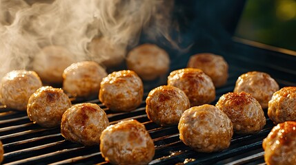 Tender meatballs are grilled to perfection, releasing flavorful smoke while basking in the warm glow of natural light on a sunny outdoor day