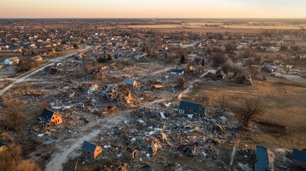 Aerial view of a town completely flattened by a tornado, with debris scattered over a wide area