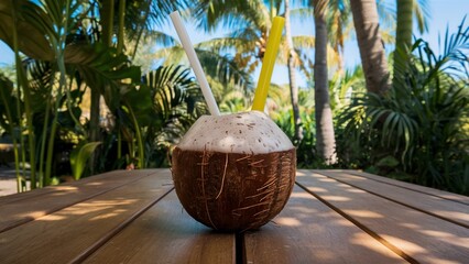 Refreshing tropical smoothie served in a coconut shell under palm trees