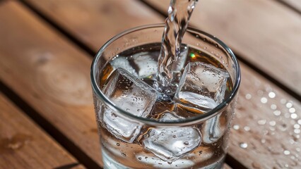 Refreshing Water Pouring Over Ice Cubes in Glass