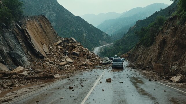 A massive rockslide blocking a major highway after heavy rainfall, leaving vehicles stranded