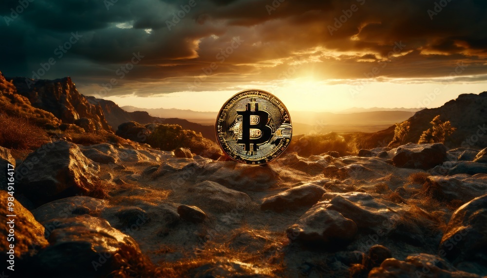 Poster a shining bitcoin symbol placed in a rugged desert setting during sunset, surrounded by rocks and dr
