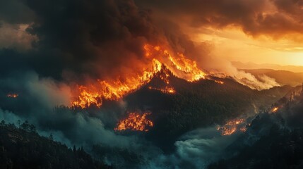 A wildfire burning through a forested mountain area, with thick smoke filling the sky